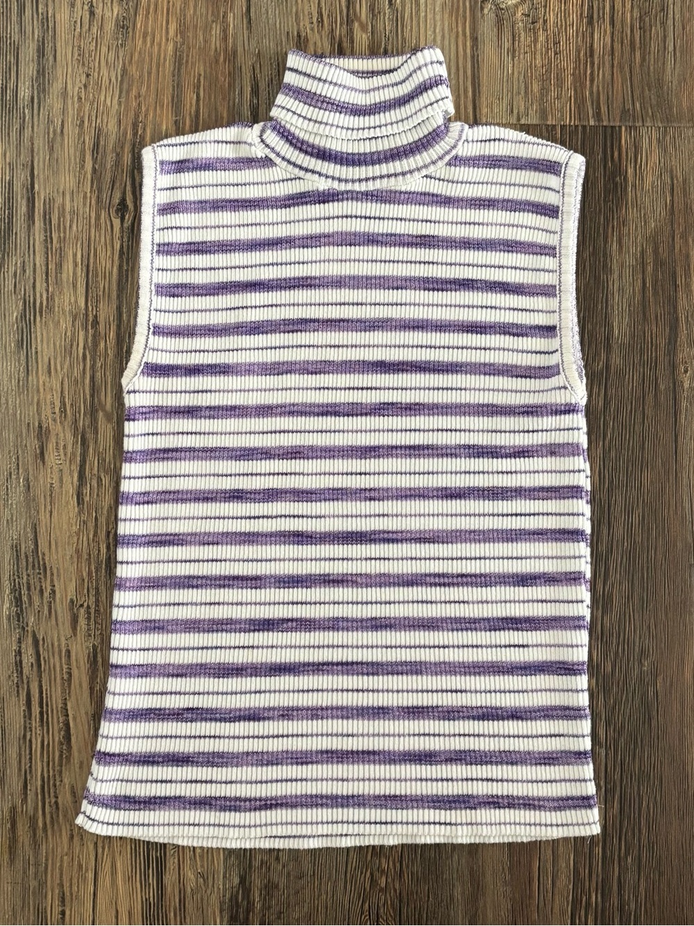 Vtg Runway Sleeveless Ribbed Turtleneck Womens L White Purple Stripe 90s USA